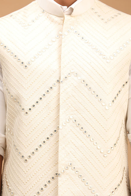 VASTRAMAY Cream Mirror Work Viscose Sleeveless Ethnic Jacket Baap Beta Set